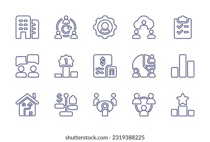 Business line icon set. Editable stroke. Vector illustration. Containing building, agile team, settings, business and finance, shopping list, online business, winner, accounting, pie chart, graph.