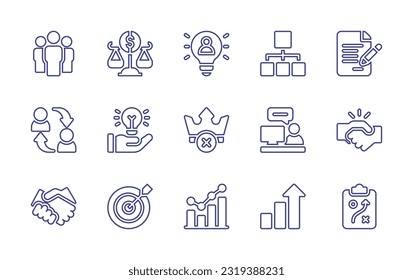 Business line icon set. Editable stroke. Vector illustration. Containing teamwork, balance scale, user, hierarchical structure, contract, exchange, hand, reputation loss, consulting, deal, target.