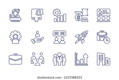 Business line icon set. Editable stroke. Vector illustration. Containing principal, business, business chart, business presentation, admin, value, consultant, rocket, suitcase, team leader, bar chart.