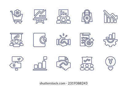 Business line icon set. Editable stroke. Vector illustration. Containing procurement, presentation, business presentation, shopping bag, loss, business report, handshake, goal, improvement, decision.