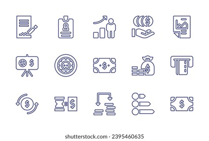 Business line icon set. Editable stroke. Vector illustration. Containing contract, growth, statistics, graphic, money, credit card, money exchange, increase, bill, id card, coin, time is money.