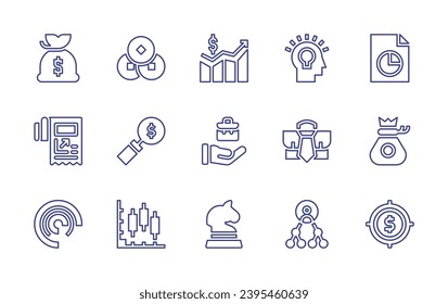 Business line icon set. Editable stroke. Vector illustration. Containing money bag, taxes, pie chart, report, briefcase, strategy, price, stats, coin, money, hierarchy, idea, employment.