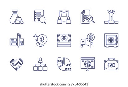 Business line icon set. Editable stroke. Vector illustration. Containing handshake, pie chart, briefcase, gold ingot, network, winner, check, money, safebox, analysis, growth, megaphone, role, present