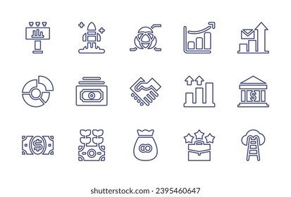 Business line icon set. Editable stroke. Vector illustration. Containing billboard, circles, stats, pie chart, hands, bank, money, ladder, entrepeneur, farming, statistics, statistic, work.