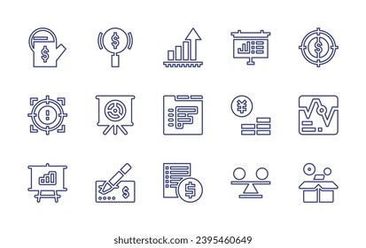 Business line icon set. Editable stroke. Vector illustration. Containing watering can, search, bar graph, presentation, target, statistics, yuan, stock chart, data analytics, bank check, price list.