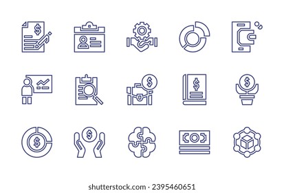 Business line icon set. Editable stroke. Vector illustration. Containing id card, pie chart, analysis, book, money, contract, crm, digital wallet, graphic, salary, budget, puzzle, supply chain.