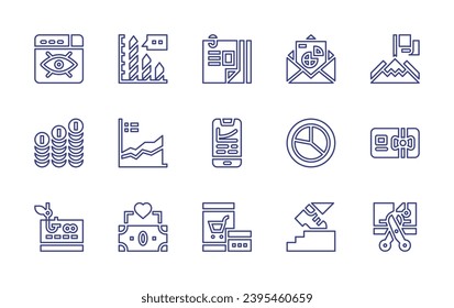 Business line icon set. Editable stroke. Vector illustration. Containing vision, curriculum vitae, achievement, economy, graphic, gift card, cheque, online shopping, credit card, analytics, pie chart.