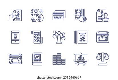 Business line icon set. Editable stroke. Vector illustration. Containing receipt, credit card, loan, mobile payment, scale, chest, money, coins, balance, time is money, pie chart, book, board.