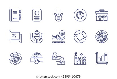 Business line icon set. Editable stroke. Vector illustration. Containing gold bars, chart, briefcase, infographic elements, deal, graph, agenda, conversation, pie chart, losses, challenge, teamwork.