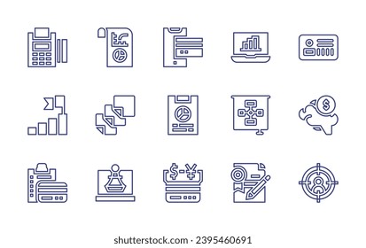 Symbol für die Geschäftszeile. Bearbeitbarer Strich. Vektorgrafik. Mit Kreditkarte, mobile Zahlung, Ziel, Bericht, Gehirn, Zwischenablage, Zahlung, Ziel, Balkendiagramm, Notizen, Board, Schachstück, Vereinbarung.