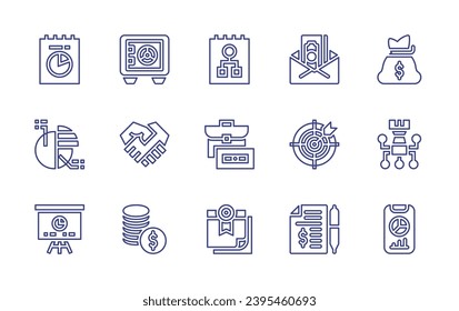 Business line icon set. Editable stroke. Vector illustration. Containing analysis, diagram, money bag, chart, suitcase, strategy, whiteboard, certificate, bar chart, safebox, money, handshake, target.