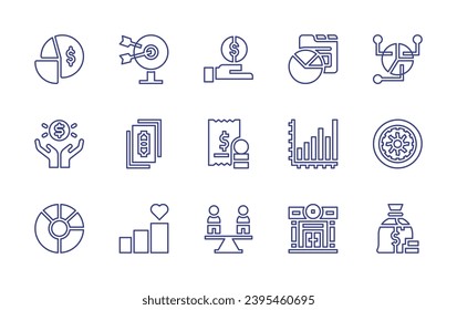 Business line icon set. Editable stroke. Vector illustration. Containing target, pie chart, money, bar chart, stats, bank, salary, revenue, tax, peso, stability, money bag.