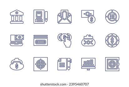 Conjunto de iconos de línea de negocio. Trazo editable. Ilustración vectorial. Consta de banco, dinero, gráfico circular, laptop, moneda, moneda, destino, gráfico, factura, bolso, contrato, caja fuerte.