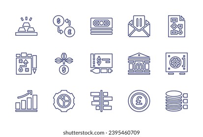 Conjunto de iconos de línea de negocio. Trazo editable. Ilustración vectorial. Con intercambio, cheque, crecimiento, banco, gráfico, libra, lingotes de oro, dinero, diagrama, estrategia, caja fuerte, gráfico.