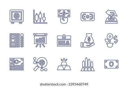 Business line icon set. Editable stroke. Vector illustration. Containing bar graph, money, analytics, money bag, index, infographic, safebox, savings, cash, id card, growth, gold ingot, banknote.