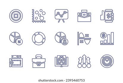 Business line icon set. Editable stroke. Vector illustration. Containing chart, briefcase, pie chart, infographics, coin, analytics, smartphone, diagram, bar chart, wallet, startup, infographic.