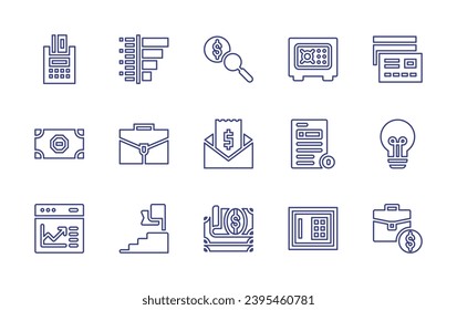 Conjunto de iconos de línea de negocio. Trazo editable. Ilustración vectorial. Con tarjeta de crédito, dinero, tarjeta, cancelado, sobre, bulbo, analítica, notas, maleta, gráfico de barras, éxito, caja fuerte, factura.