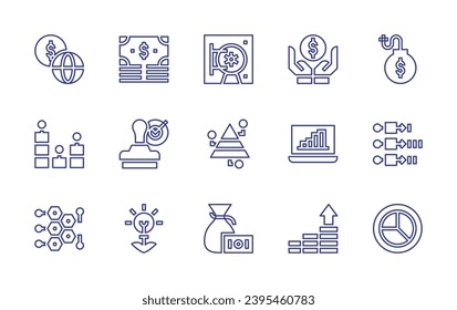 Business line icon set. Editable stroke. Vector illustration. Containing notes, saving, rubber stamp, laptop, growth, economy, banking, debt, graph, money bag, graphic.