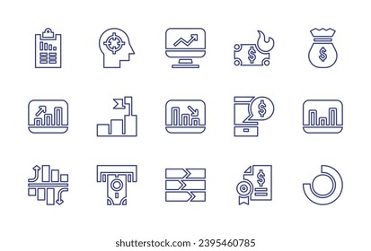 Business line icon set. Editable stroke. Vector illustration. Containing headhunting, money, objective, salary, payment, loan, analysis, analytics, money bag, profits, loss, bar chart, percentage.