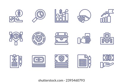 Business line icon set. Editable stroke. Vector illustration. Containing search, pie chart, coin, pay, money, invoice, producer, graphics, success, analytics, chest, cash, paper.