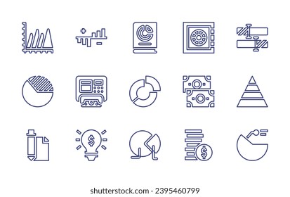 Business line icon set. Editable stroke. Vector illustration. Containing diagram, safebox, atm, money, dollar, analytics, manual, bar chart, pie chart, pyramid chart, contract.