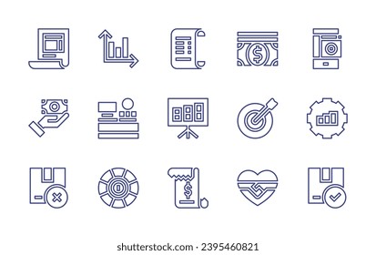 Business line icon set. Editable stroke. Vector illustration. Containing investment, cashier, invoice, ticket, smartphone, coin, payment method, bar chart, gear, package, money, target, shaking hands.