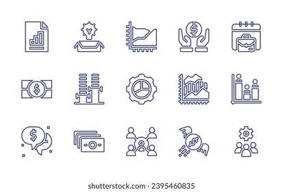 Conjunto de iconos de línea de negocio. Trazo editable. Ilustración vectorial. Consta de arte y diseño, banco, gráfico de barras, gráfico de área, dinero, gráfico, gráficos, maletín, gráfico circular, gráfico, conversación, jerarquía.