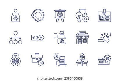 Conjunto de iconos de línea de negocio. Trazo editable. Ilustración vectorial. Con donación, presentación, tarjeta de identificación, jerarquía, ingresos, crecimiento, doblez, factura, tarjeta de crédito, núcleo, implementación, cadena de valor.