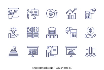 Business line icon set. Editable stroke. Vector illustration. Containing goal, add file, bar chart, presentation, analytics, money, calculator, conference, profit, accounting, solution, distribution.