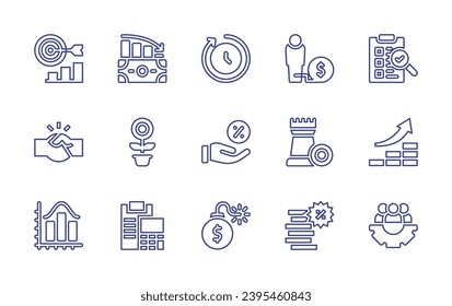 Business line icon set. Editable stroke. Vector illustration. Containing crisis, debt, money growth, strategy, clipboard, coin stack, refresh, evaluation, handshake, commission, increase, average.
