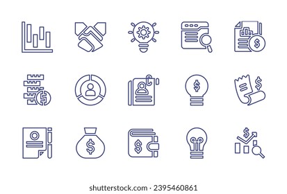 Conjunto de iconos de línea de negocio. Trazo editable. Ilustración vectorial. Conteniendo gráfico circular, bombilla, bolsa de dinero, cartera, finanzas, búsqueda, monedas, contrato, estrechar manos, gráfico de barras, estado financiero, factura.