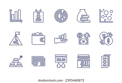 Business line icon set. Editable stroke. Vector illustration. Containing business card, money bag, wallet, exchange, credit card, restaurant, gold ingots, transfer, money, bar chart, circular chart.