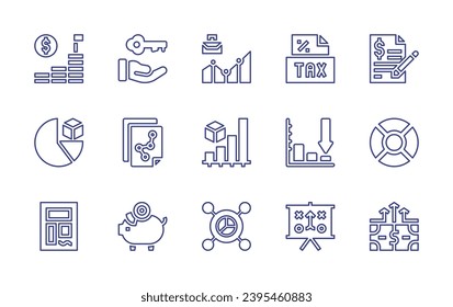 Business line icon set. Editable stroke. Vector illustration. Containing key, taxes, statistics, saving money, strategy, salary, analytics, contract, pie chart, diagram, donut chart, agreement, money.