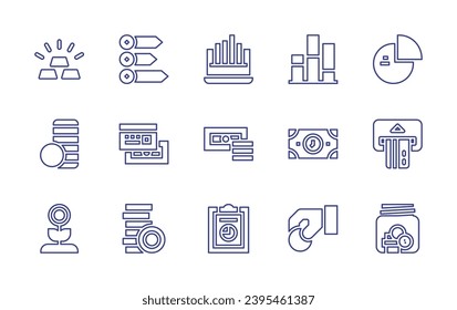 Symbol für die Geschäftszeile. Bearbeitbarer Strich. Vektorgrafik. Mit Gold, Statistiken, Kuchendiagramm, Wachstum, Münzen, Bericht, Münzen, Ersparnisse, Münzstapel, Barkarte, Kreditkarte, Geld, Zeit ist Geld.