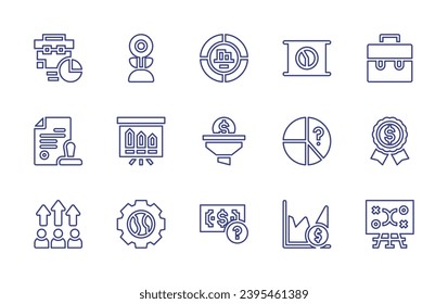 Business line icon set. Editable stroke. Vector illustration. Containing suitcase, pie chart, briefcase, validation, filter, badge, performance, money, tactics, growth, presentation, settings, value.