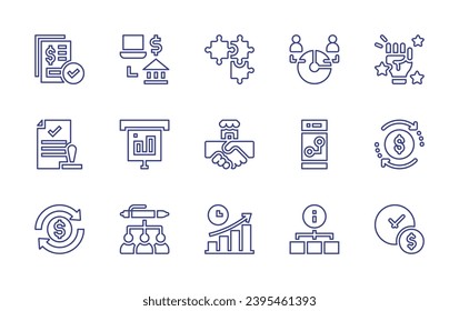 Conjunto de iconos de línea de negocio. Trazo editable. Ilustración vectorial. Conteniendo pago en línea, estadísticas, filtrado, smartphone, operación, diagrama, pago, rompecabezas, éxito, aprobado, acuerdo, intercambio de dinero.