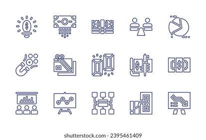 Business line icon set. Editable stroke. Vector illustration. Containing cash, stability, gift card, cheque, presentation, bill, lamp, wad, pie chart, magnet, gold ingots, money, diagram.
