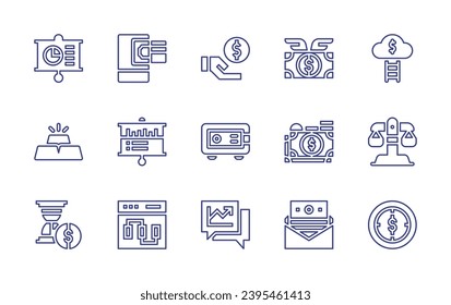 Business line icon set. Editable stroke. Vector illustration. Containing analytics, revenue, stairs, gold ingots, safebox, balance, hourglass, graphs, time is money, dollar, money, letter, payment.