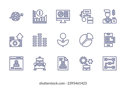 Business line icon set. Editable stroke. Vector illustration. Containing economy, benefits, video conference, graphic, screen, uml, businessman, stack, investment, chart, mobile payment, presentation.
