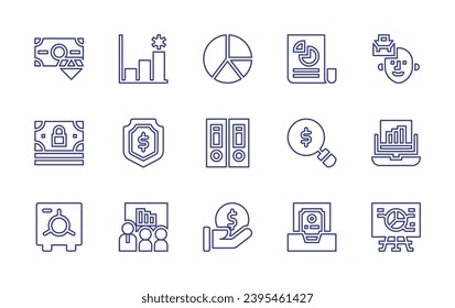 Symbol für die Geschäftszeile. Bearbeitbarer Strich. Vektorgrafik. Enthält Einnahmen, Kuchen-Diagramm, Schild, Suche, Statistiken, Dokument, reich, Geld, Dokumentation, Safebox, Dollar, Job, Analytik.