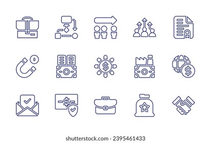 Business line icon set. Editable stroke. Vector illustration. Containing bag, leadership, certificate, magnet, investment, economy, approve, suitcase, deal, uml, hierarchy, education, factory, protect
