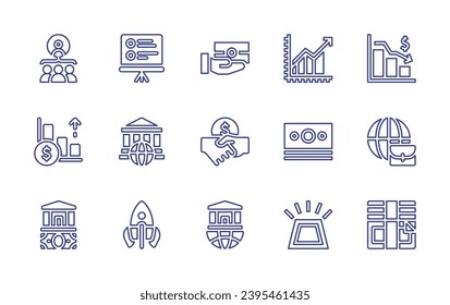 Business line icon set. Editable stroke. Vector illustration. Containing presentation, bar graph, bank, money, rocket, gold ingots, hierarchy, donation, crisis, growth, deal, worldwide, cash.