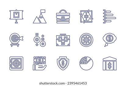 Business line icon set. Editable stroke. Vector illustration. Containing safe, payment, money, graphic, bank, presentation, achievement, bag, brainstorming, bar graph, target, coins, briefcase, peso.