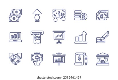 Conjunto de iconos de línea de negocio. Trazo editable. Ilustración vectorial. Consta de intercambio, dinero, gráfico, presentación, cheque bancario, apretón de manos, rendimiento, banco, crecimiento, monedas, factura, gráfico de barras.