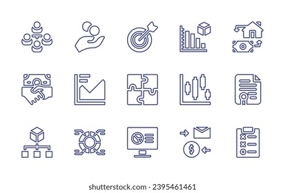 Business line icon set. Editable stroke. Vector illustration. Containing subordination, target, mortgage loan, deal, puzzle, certificate, hierarchical structure, monitor, tactics, growth chart.
