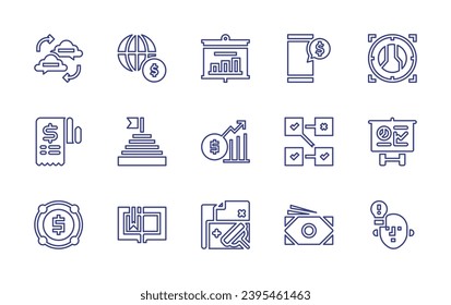 Business line icon set. Editable stroke. Vector illustration. Containing goal, planning, notebook, bills, economy, smartphone, brainstorming, presentation, seo, invoice, money growth, value chain.