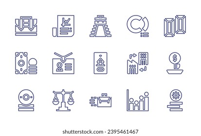 Business line icon set. Editable stroke. Vector illustration. Containing investment, pie chart, business card, company, law, profits, portfolio, career, gold ingots, money, mobile banking, coins.