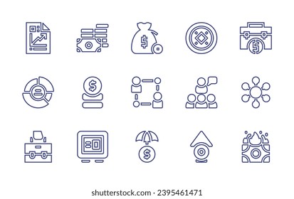 Conjunto de iconos de línea de negocio. Trazo editable. Ilustración vectorial. Con dinero, moneda, seminario, caja fuerte, crecimiento, informe, bolsa de dinero, cartera de inversión, gráfico, relación, conexión.
