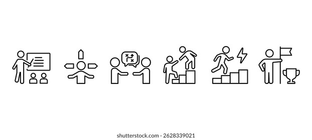 Business line icon set. Efficiency, flow chart, strategy, success, analytics, target, vision, mission, values outline icon collection. UI thin vector icon set in transparent background. Editablestroke