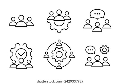 Icono de línea de negocio en estilo plano. Trabajo en equipo, chat o discusión, procesamiento y lluvia de ideas símbolos en blanco. Iconos abstractos simples. Ilustración vectorial para diseño gráfico, web, aplicación móvil, ui.